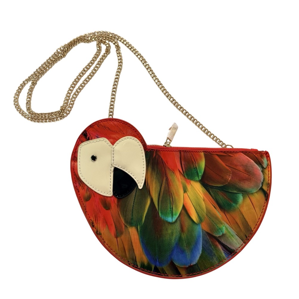 Swarovski Red‎ Parrot Feather Print Crossbody Bag Gold Chain Crystal Eye